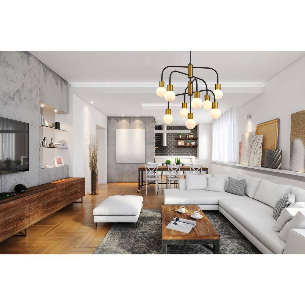 Neutra Mid-Century Modern Matte Black and Brass 9-Light Chandelier