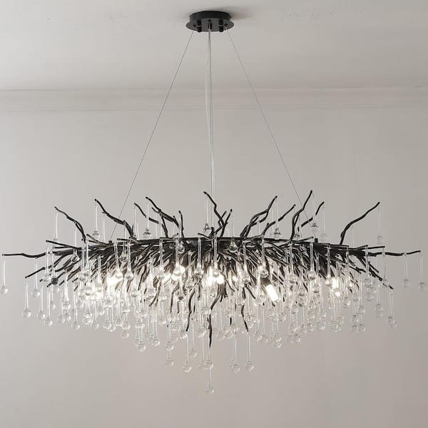 Modern Chandelier 47 in. 13-Lights Black Luxury Crystal Globe Linear Chandelier for Dining Room, Kitchen Island, Foyer