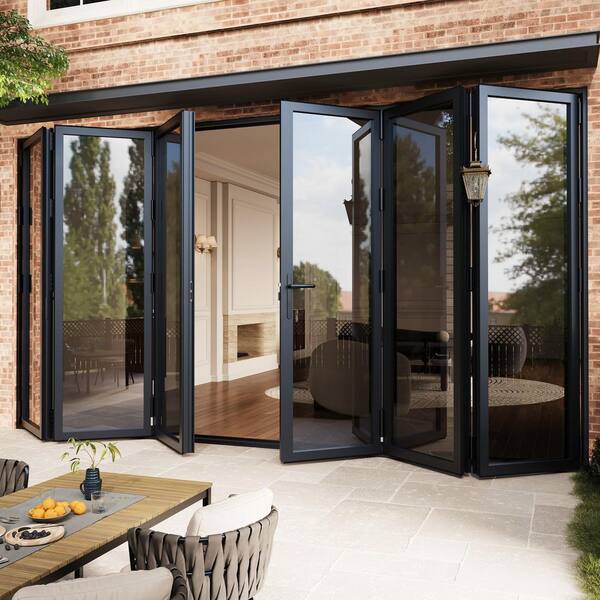 192 in. x 96 in. Bi-Parting Tempered Glass Black Aluminum Folding Patio Door with Door Stopper (3-Folding Plus 3-Swing)