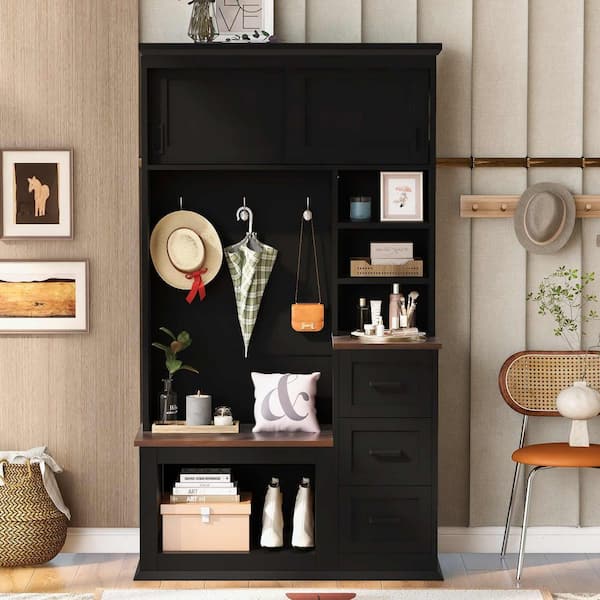 Modern Entryway Bench with Coat Rack, 3 Shelves and Drawers, 3 Sturdy Hooks, Storage Bench for Hallway, Entryway, Black