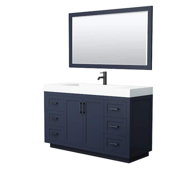 Wyndham Collection Miranda 59.5 in. W Single Bath Vanity in Dark Blue with Solid Surface Vanity Top in White with White Basin and Mirror