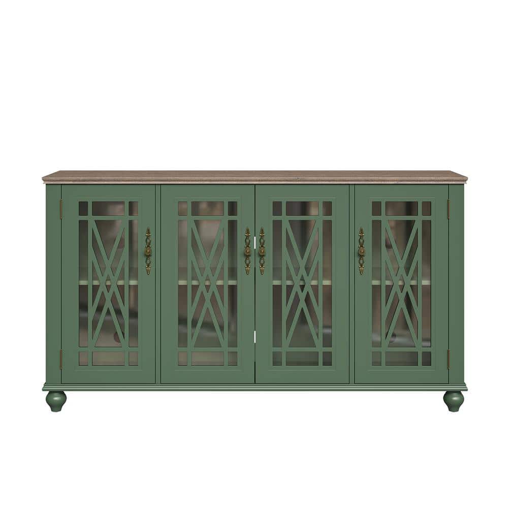 Green Vintage Style Wood Buffet Sideboard Cabinet with Glass Doors