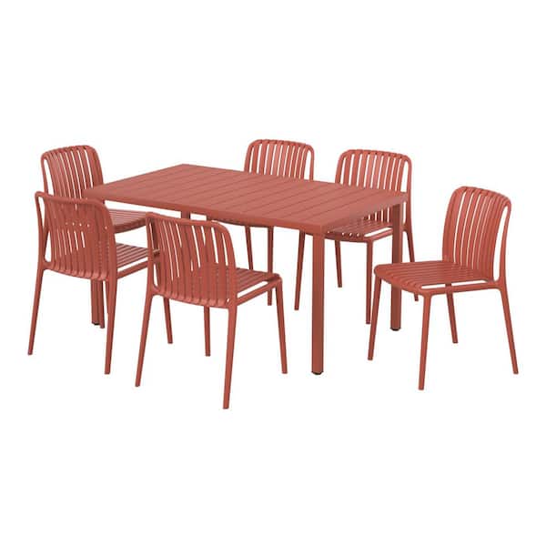 FrondandForm Modern Outdoor Patio 7-Piece Rectangular Iron Dining Set w/ Plastic Stackable Chairs, Red