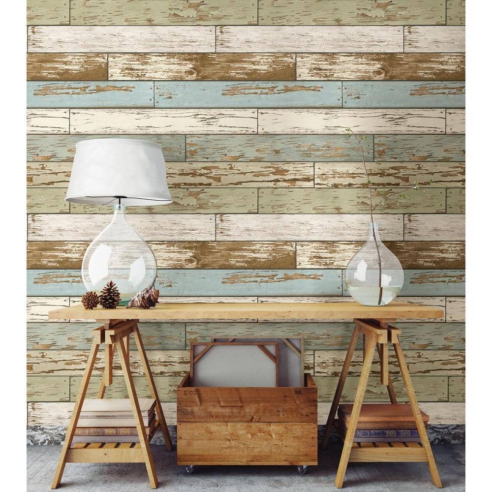 Vintage Turquoise and Beige Wood Peel and Stick Wallpaper