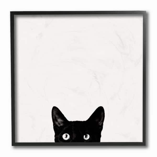 12 in. x 12 in. "Minimal Monochrome Black Cat Peeking From Below" by Jon Bertelli Framed Wall Art