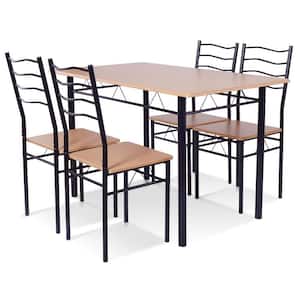 5-Piece Natural Walnut Wood Dining Table Set with 4 Chairs