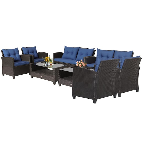 Costway 8 -Piece Patio Rattan Furniture Set Glass Table Shelf Sofa Cushion Navy