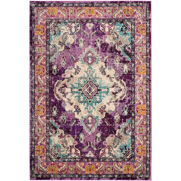 Monaco Violet/Light Blue 7 ft. x 9 ft. Distressed Border Medallion Area Rug