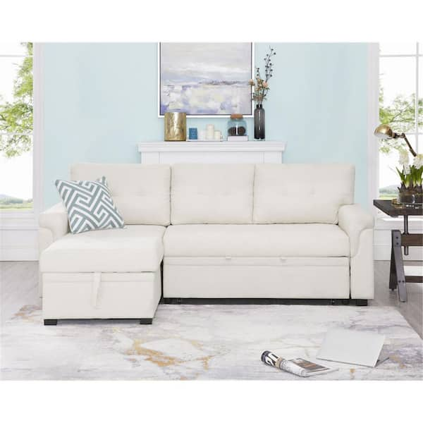 HOMESTOCK 78 In. W Stylish Reversible Faux Leather Sleeper Sectional ...