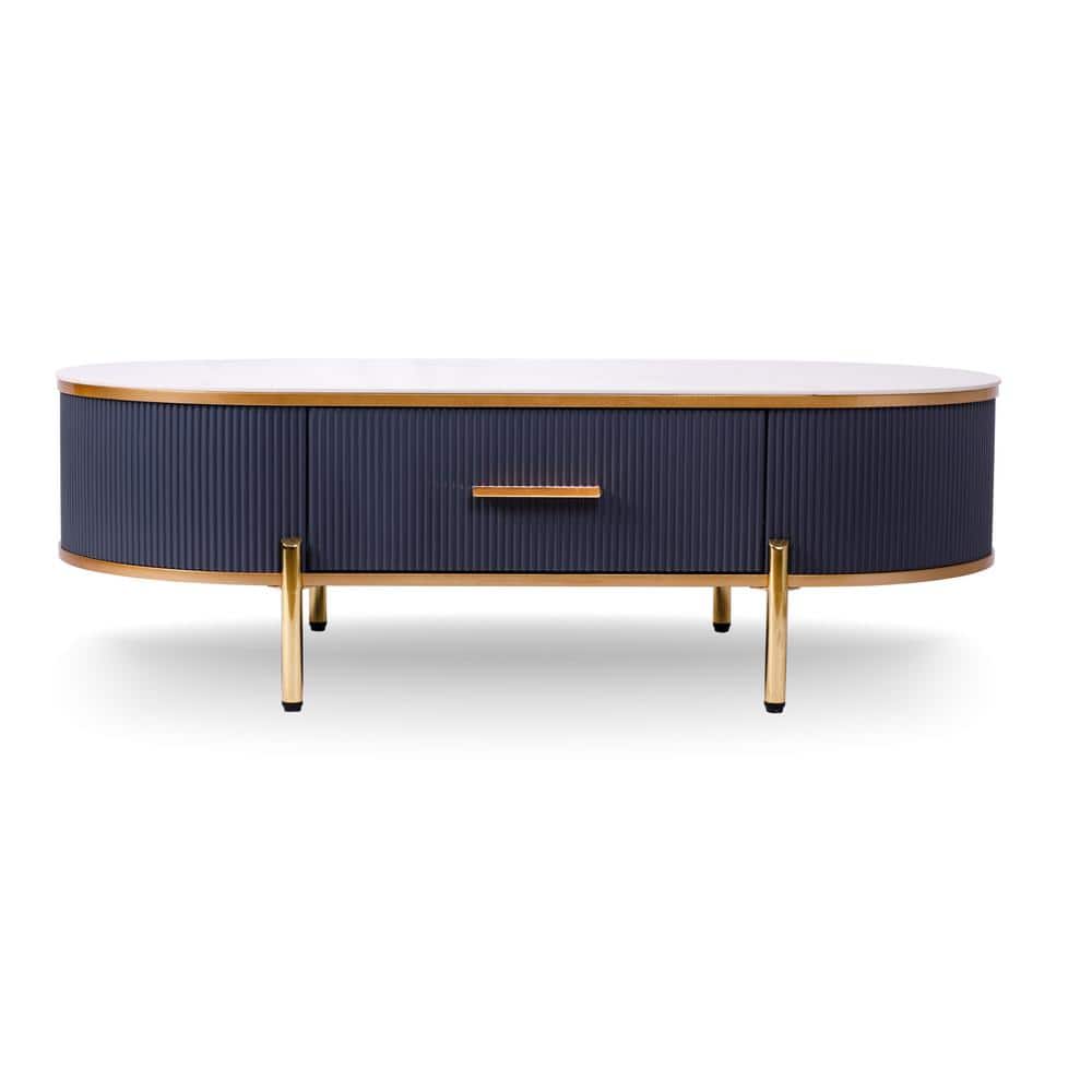 Elegant Oval Sintered Stone Coffee Table with Gold Accents and Storage