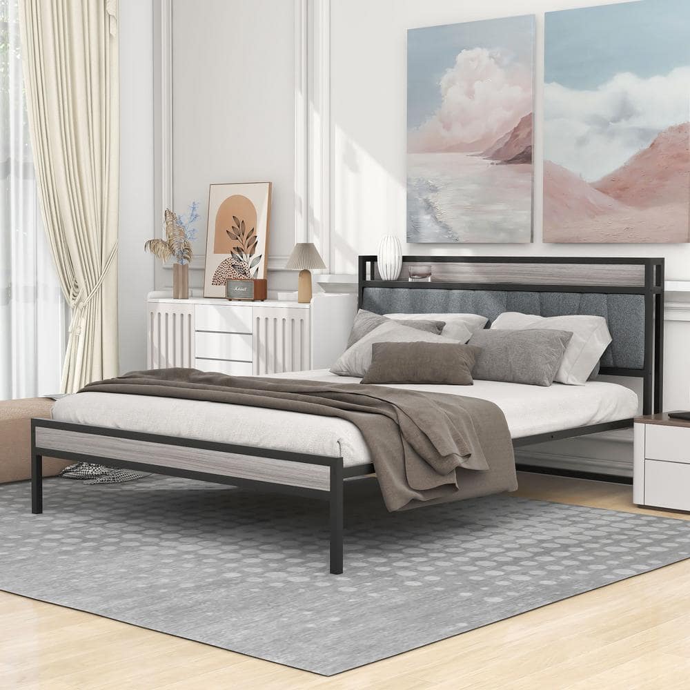 Polibi Black Metal Frame Queen Size Platform Bed with Upholstered ...