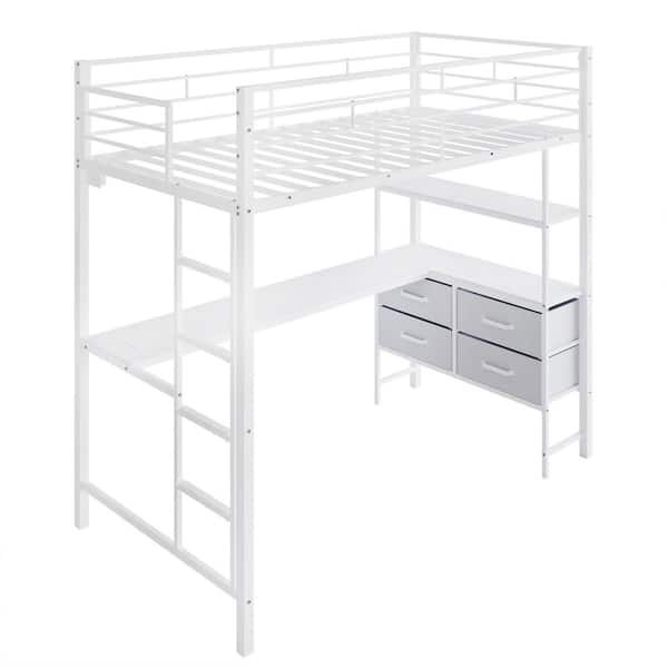 White Twin Size Metal Loft Bed with Guardrail, 2-Charging Stations, L-Shaped Desk, Storage Shelve, 4-Drawers, LED Lights