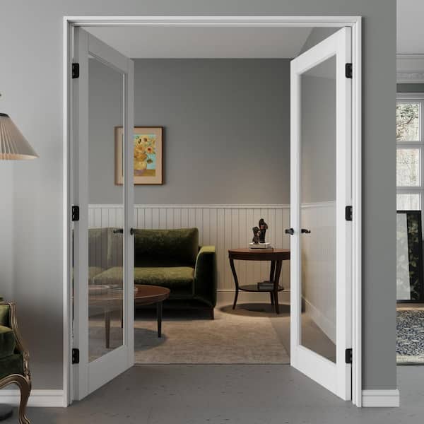 64 in. x 80 in. 1-Lite Clear Glass Universal White Solid Core Glass Double Prehung French Door Plus Quick Assemble Jamb