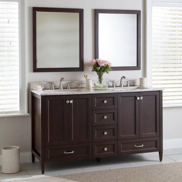 Home Decorators Collection Claxby 61 in. W x 22 in. D Bathroom Vanity in Chocolate with Stone Effects Vanity Top in Winter Mist with White Sink