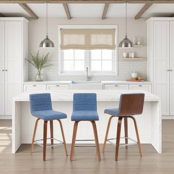 Vienna 35.5 in. H Vintage Blue / Walnut Square Back Wood Bar Stool with Faux Leather Seat Set of 3