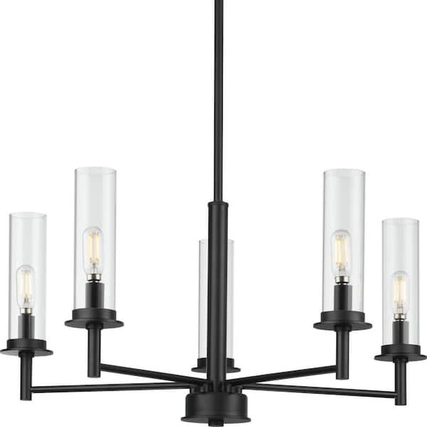 Progress Lighting Kellwyn Collection 5-Light Matte Black Clear Glass Transitional Chandelier Light