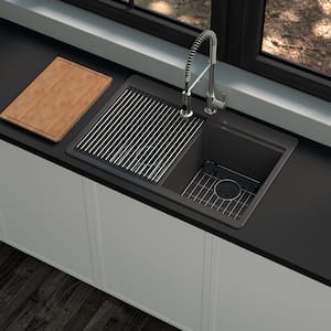 Stonehaven 33 in. Drop-In 50/50 Double Bowl Black Onyx Granite Composite Workstation Kitchen Sink with Black Strainer