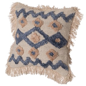 16 in. x 16 in. Blue and Beige Handwoven Cotton and Silk Throw Pillow Cover with Embossed Zig Zag