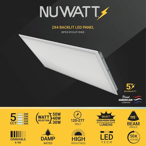 2 ft. x 4 ft. Integrated LED Panel Drop Ceiling Lights 0-10V Dimmable 50/40/30W Selectable 5CCT, 120-277V, ETL, 4-Pack