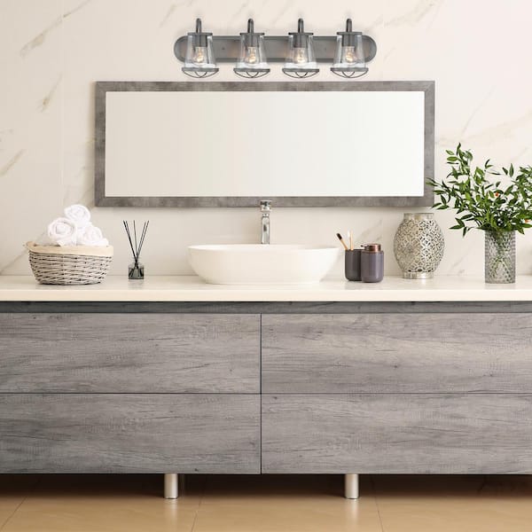 Darby 30 in. 4-Light Weathered Iron Industrial Vanity Light with Clear Seeded Glass Shades