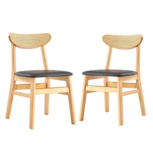 Modern Natural Wood Dining Chair Set of 2 with PU Faux Leather Side Chair with Plastic Rattan Curved Backrest