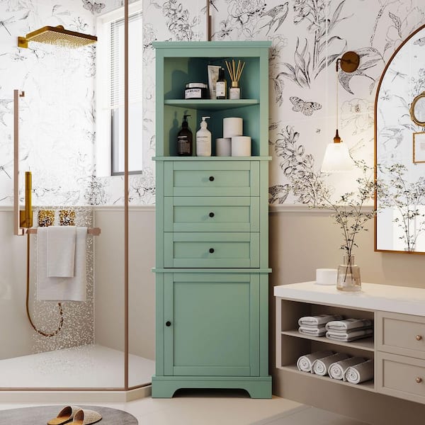 FAMYYT 23 in. W x 13.4 in. D x 68.9 in. H Corner Green Linen Cabinet with Adjustable Shelve and Drawers