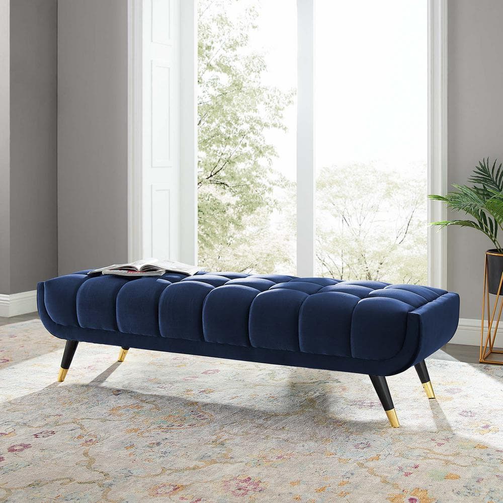 Midnight Blue 60" Performance Velvet Tufted Bench with Gold Accents