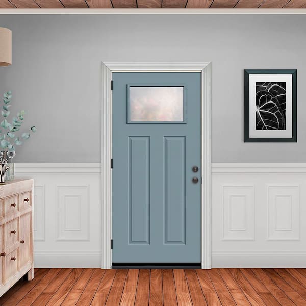 36 in. x 80 in. Right-Hand Craftsman Blanca Frosted Glass Light Blue Paitnted Steel Prehung Front Door