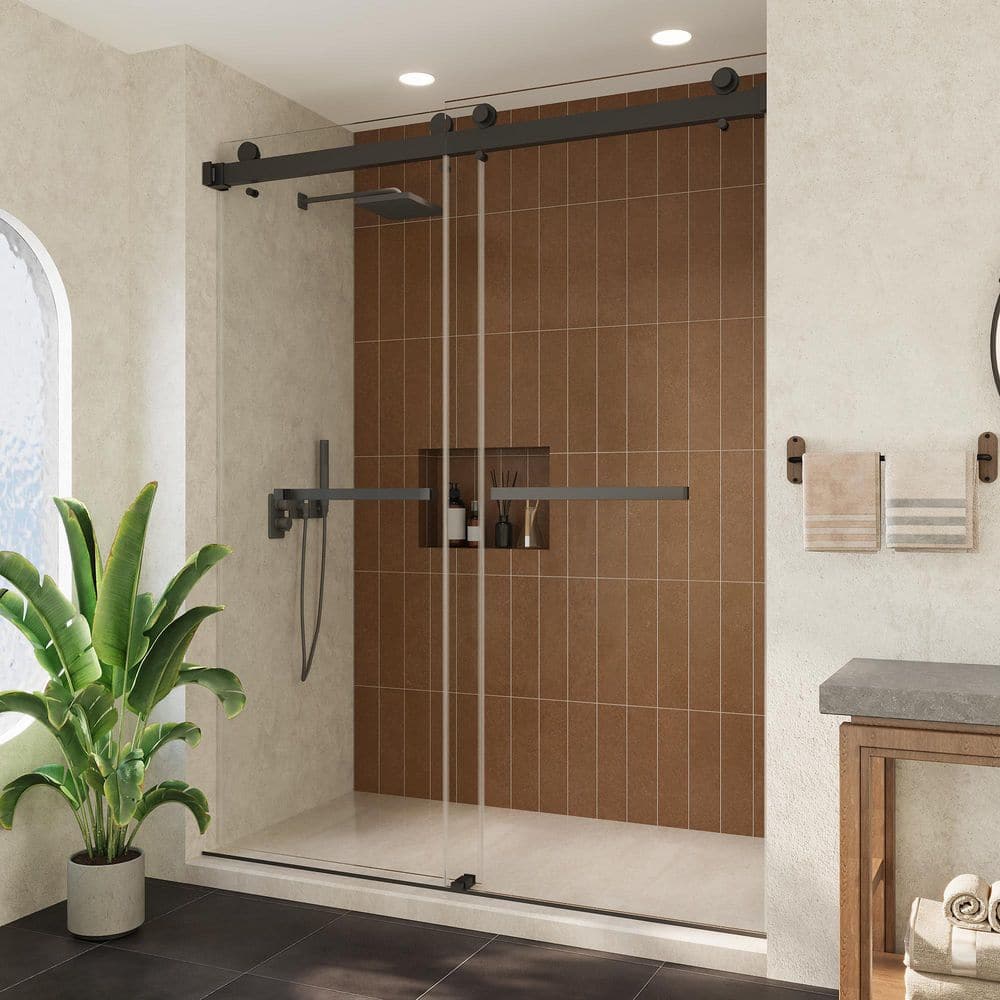 60 in. W x 76 in. H Frameless Exposed Roller Double Sliding Shower Door in Matte Black with 5/16 in. (8mm) Clear Glass price history on PriceWatchPro