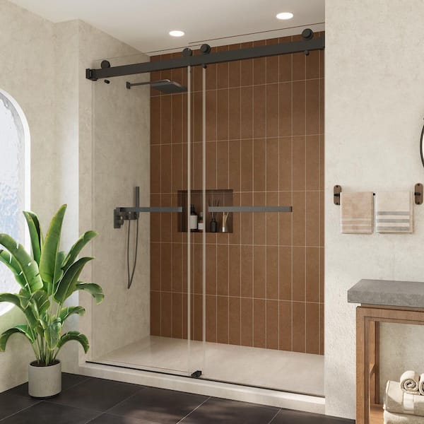60 in. W x 76 in. H Frameless Exposed Roller Double Sliding Shower Door in Matte Black with 5/16 in. (8mm) Clear Glass