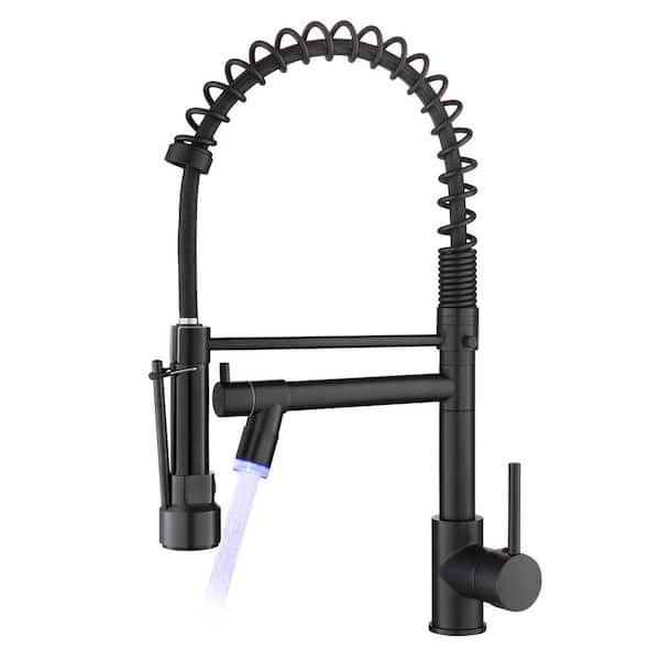 Fapully Single Hole Single Handle Pull Down Sprayer Kitchen Faucet with LED Light in Matte Black