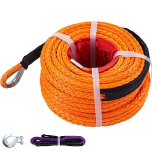 Orange Synthetic Winch Rope 100 ft. x 3/8 in. Winch Line Cable with G70 Hook 18,740 lbs. 12 Strand w/ Protective Sleeve