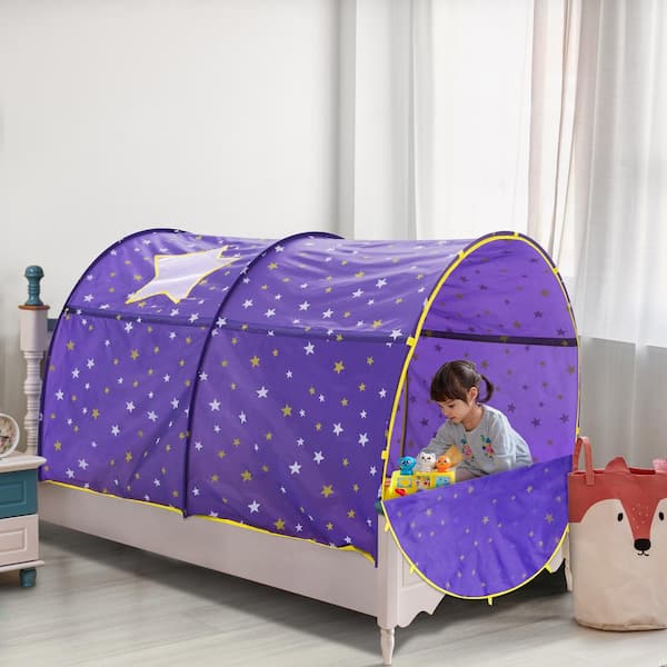 Indoor Pop Up Portable Frame Polyester Starlight Bed Canopy Kids Play Tent Twin Curtains Glow in The Dark Stars Purple