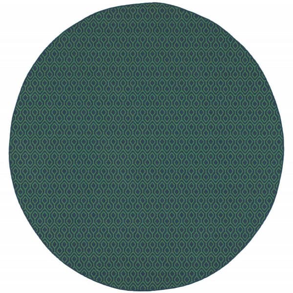 Blue, Green 8 ft. x 8 ft. Loomed Geometric Polypropylene Round Indoor/Outdoor Area Rug