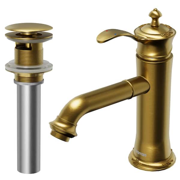 Karran Vineyard Single-Handle Single-Hole Basin Bathroom Faucet with Matching Pop-Up Drain in Gold