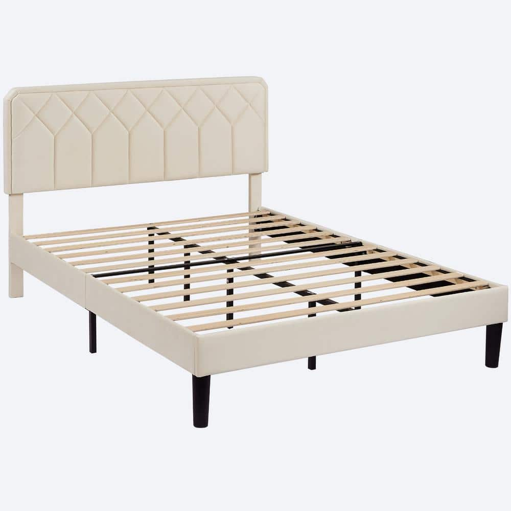 VECELO Bed Frame with Upholstered Headboard, Beige Metal Frame Queen ...