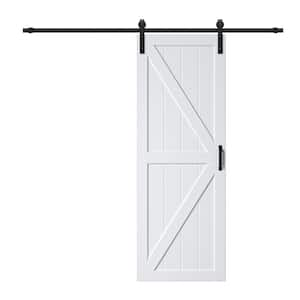 30 in. W. x 84 in. White Primed MDF K-Shape Interior Barn Door Slab with Hardware Kit and Soft Close