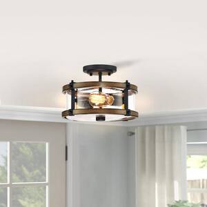 Mousse 12.2 in. W 2-Light Semi Flush Mount with Matte Black, Barnwood Accents and Seeded Glass Shade