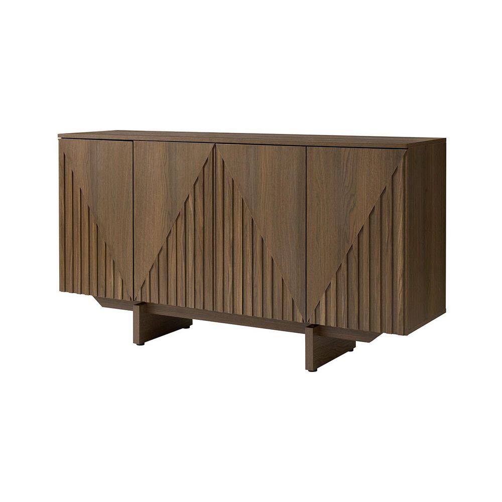 Front view of a walnut wood 4-door sideboard with geometric patterns.