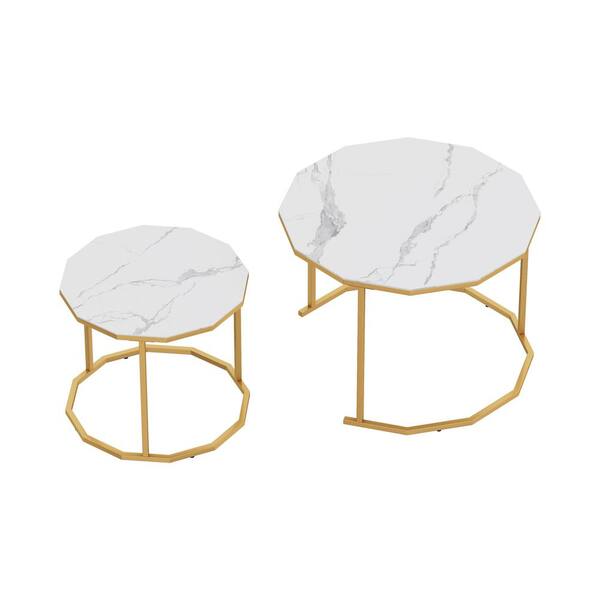 Sudzendf Golden Metal Nesting Outdoor Coffee Table with White Artificial Marble Top, Set of 2