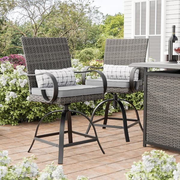 Arosa 360-Swivel Steel Outdoor Counter Height Dining Chairs With Gray Cushions and Lumbar Pillows (2-Pack)