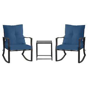 3-Piece Black Metal Patio Conversation Set with Blue Cushions with Glass Coffee Table