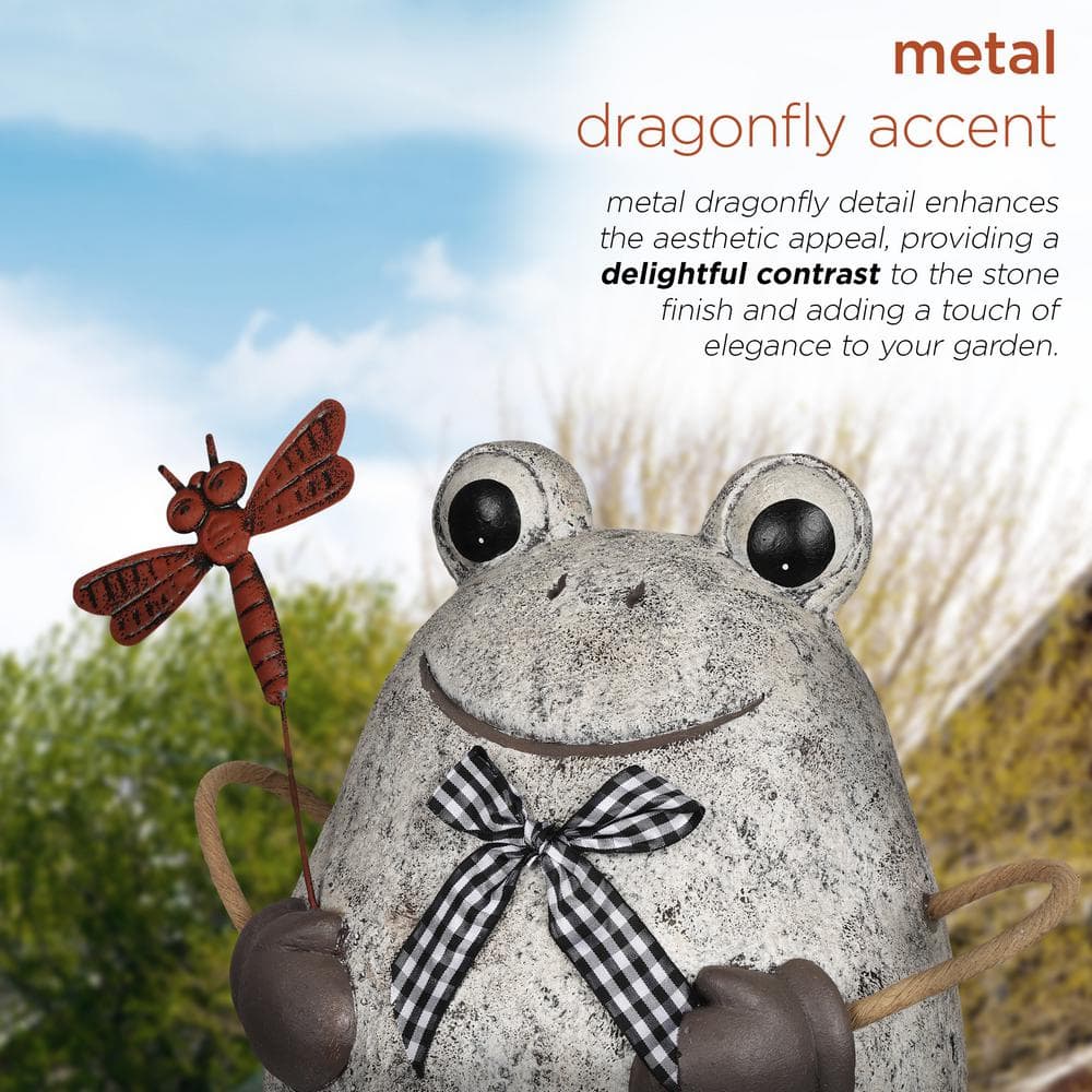 24" Stone Finish Frog with Metal Dragonfly Garden Statue