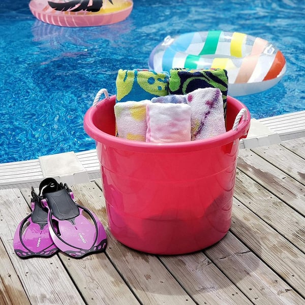 Plastic 18 Gal. Utility Bucket Tub Container with Rope Handles, Pink  (4-Pack)