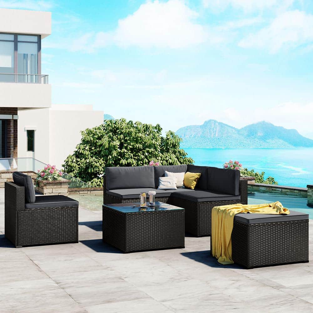 6-Piece Black Wicker Outdoor Sectional Sofa Set with Gray Removable Cushion