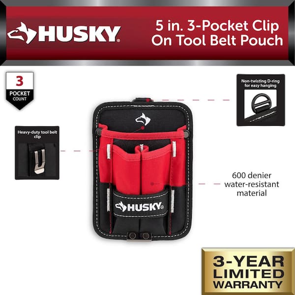 Husky 2 in. Quick Release Work Tool Belt with 5 in. 7-Pocket Clip on Utility Tool Belt Pouch, Black