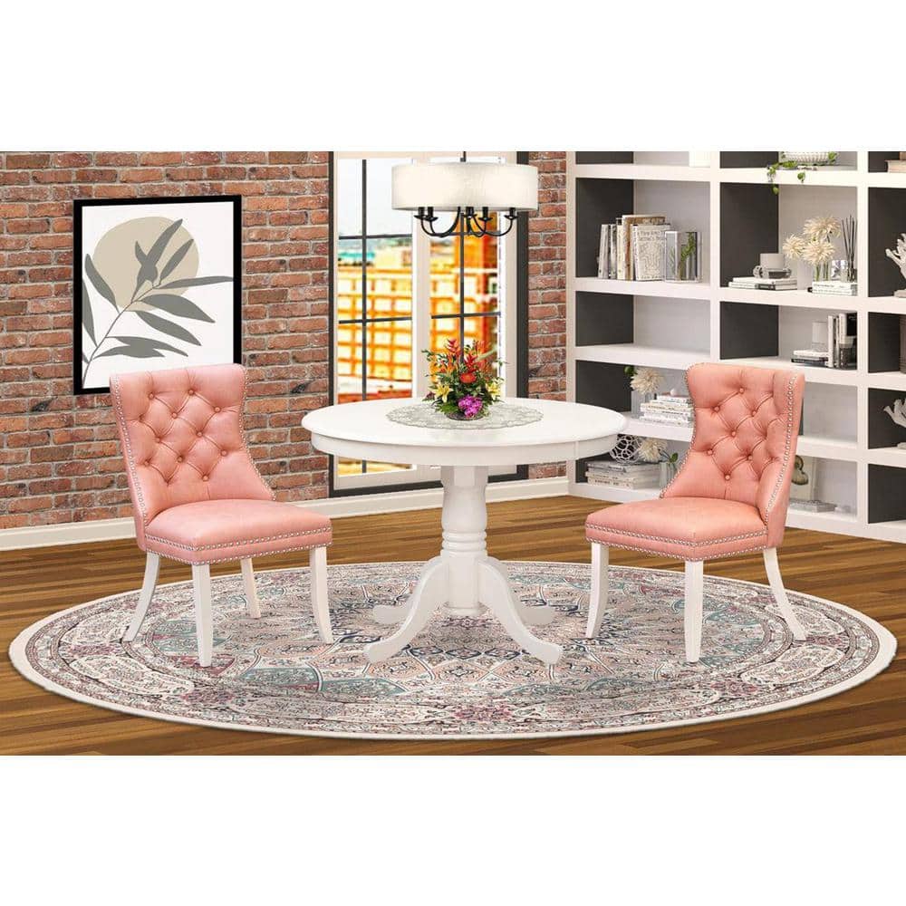 Linen White Round Pedestal Dining Table with 2 Chairs
