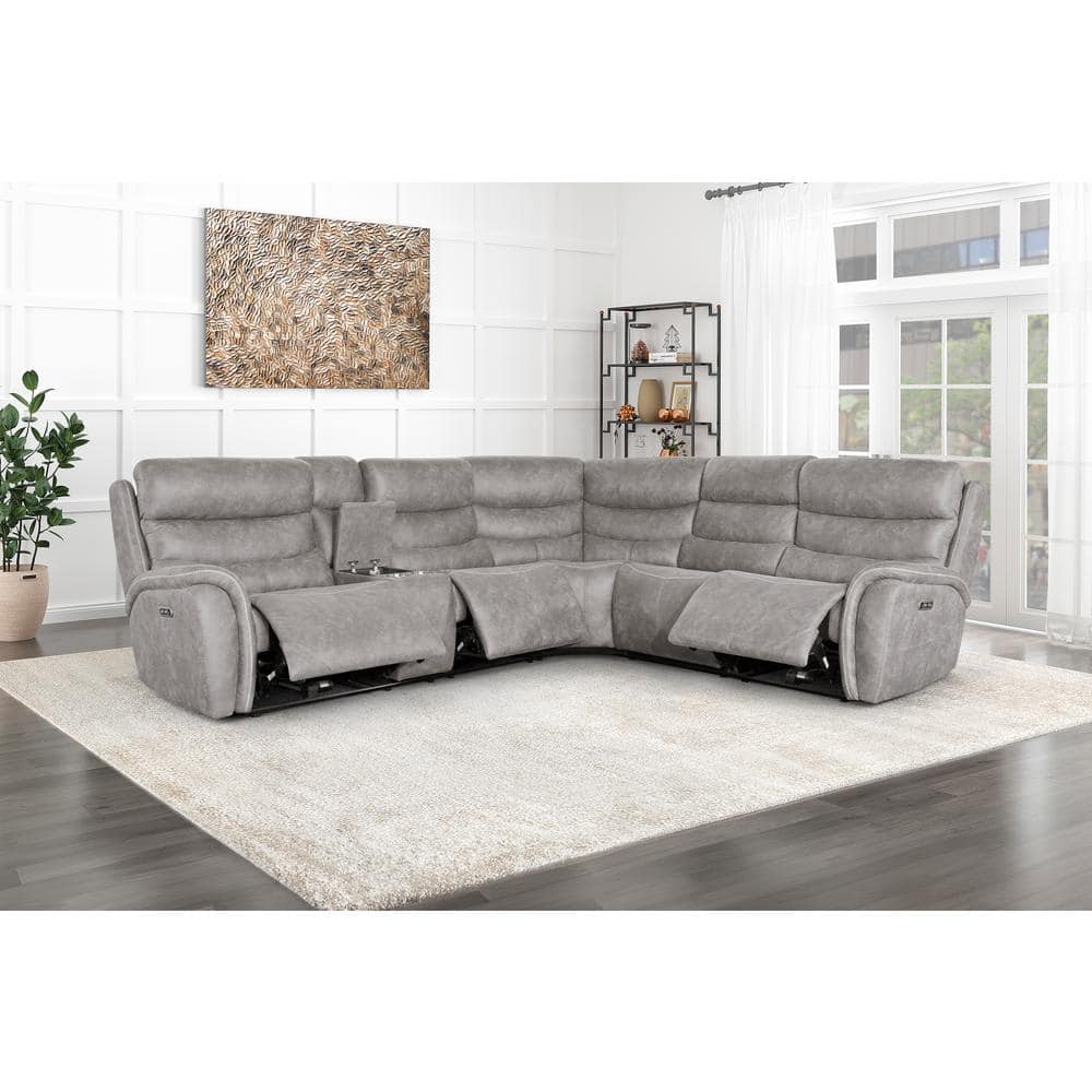 Kamari Gray Fabric Three-Piece Sectional with Round Arm and Cup Holder
