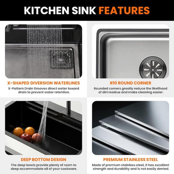 29.5 in. Black Stainless Steel Waterfall Workstation Kitchen Sink with Pull-Down Faucet and Cutting Board