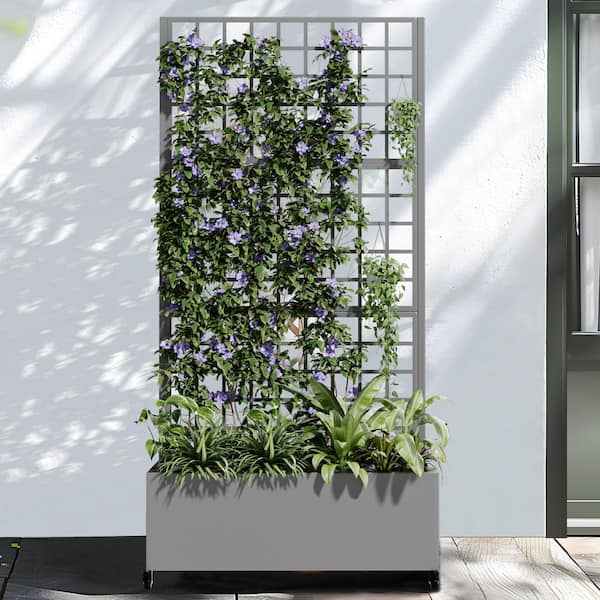73 in. x16 in. x35 in. Gray Metal Iron Planter Box with Attached Trellis for Climbing Vegetation